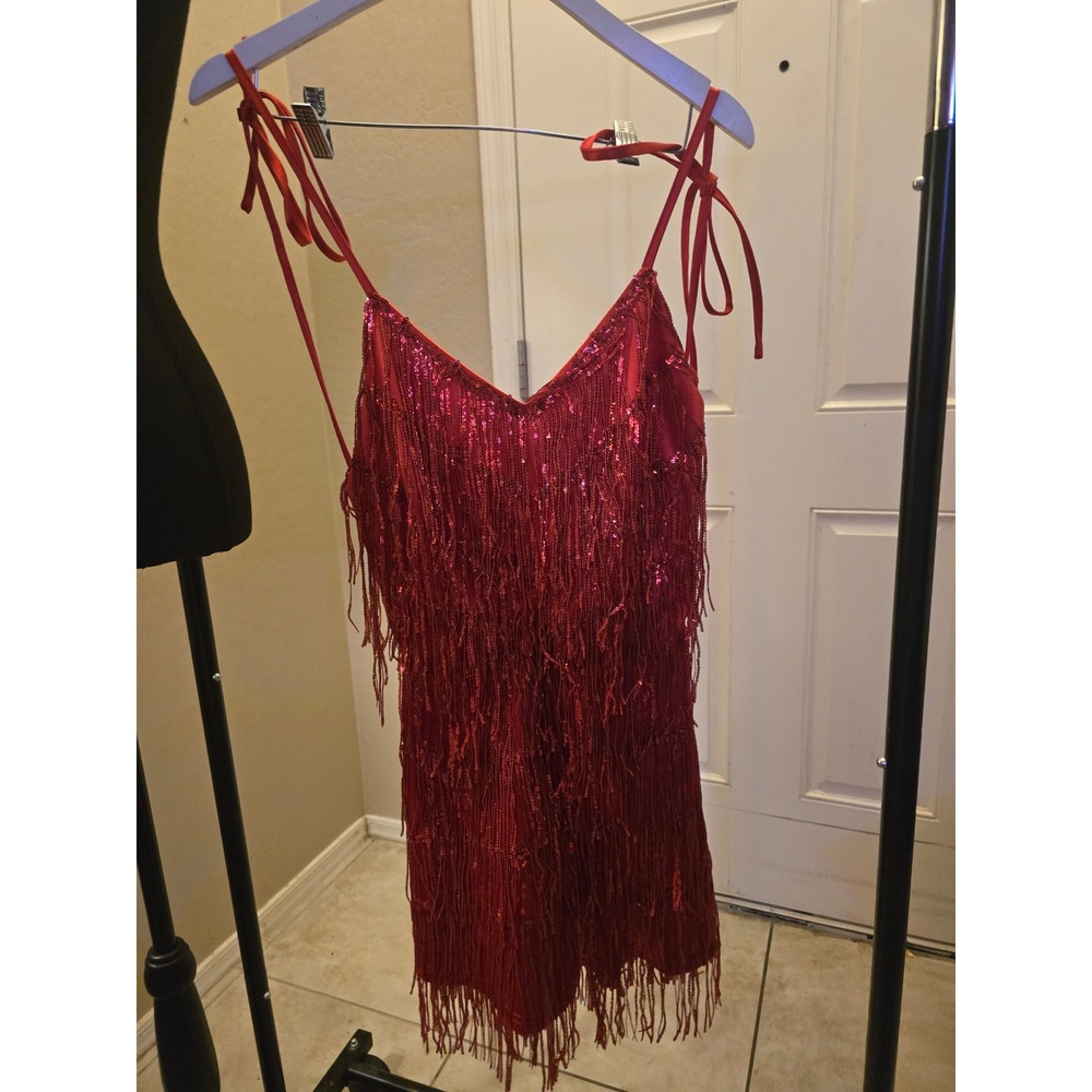 Red Sequin Fringe Mini Dress Sleeveless Tie Shoulder Flapper Party Dress Medium